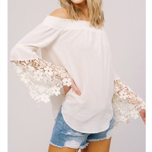Off The Shoulder Lace Sleeves Long Sleeve Top - Picture 3 of 6